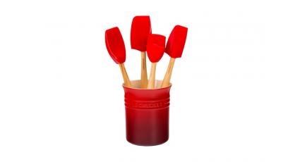 LE CREUSET SPATELPOT + 4 SPATELS ROOD